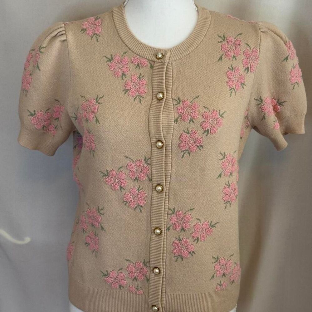 Forward Young Contemporary Pink Floral Knit Short Sleeve Cardigan Size Large